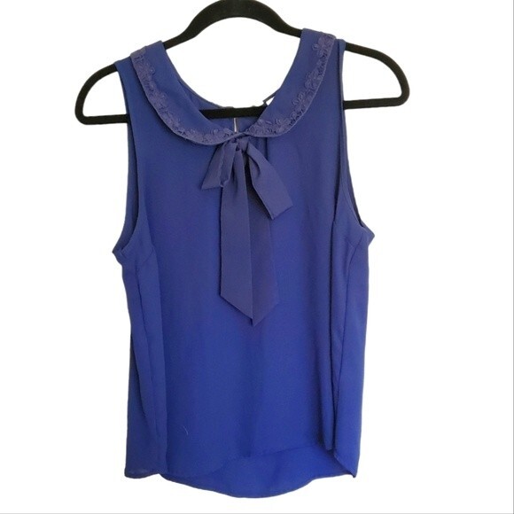LC Lauren Conrad Sheer Navy Lace Bow Blouse - Picture 1 of 4